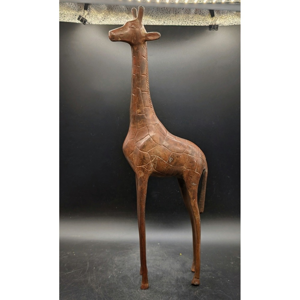 Vintage Bronze Giraffe Sculpture African Folk Art Statue Brown 14"
